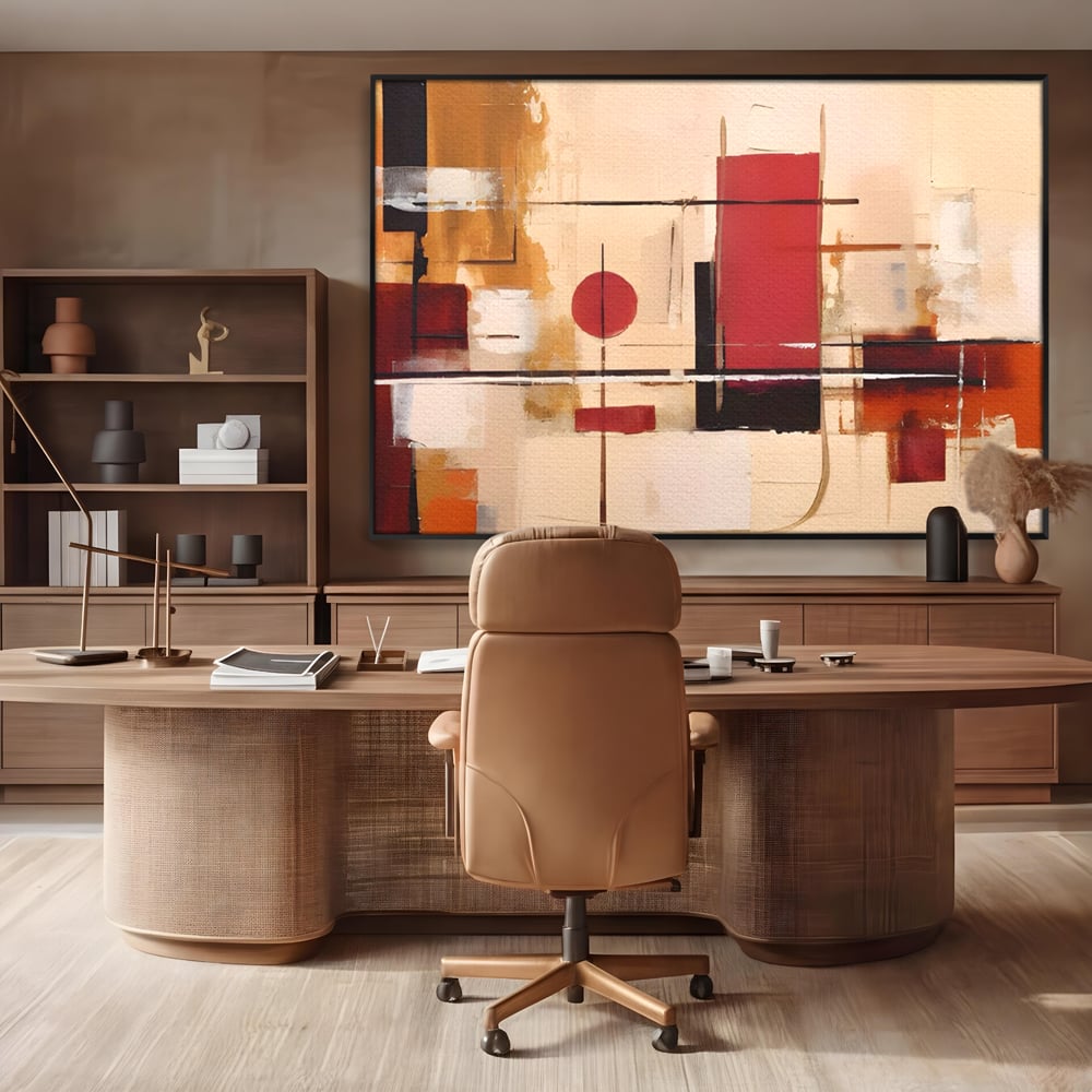 Tablou canvas cu pictura abstracta cu forme geometrice, in rama de aluminiu negru, pe perete intr-un birou